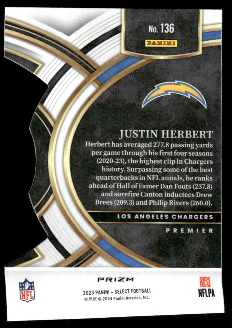 2023 Panini Select #136 Justin Herbert Red and Yellow Prizms Die Cuts