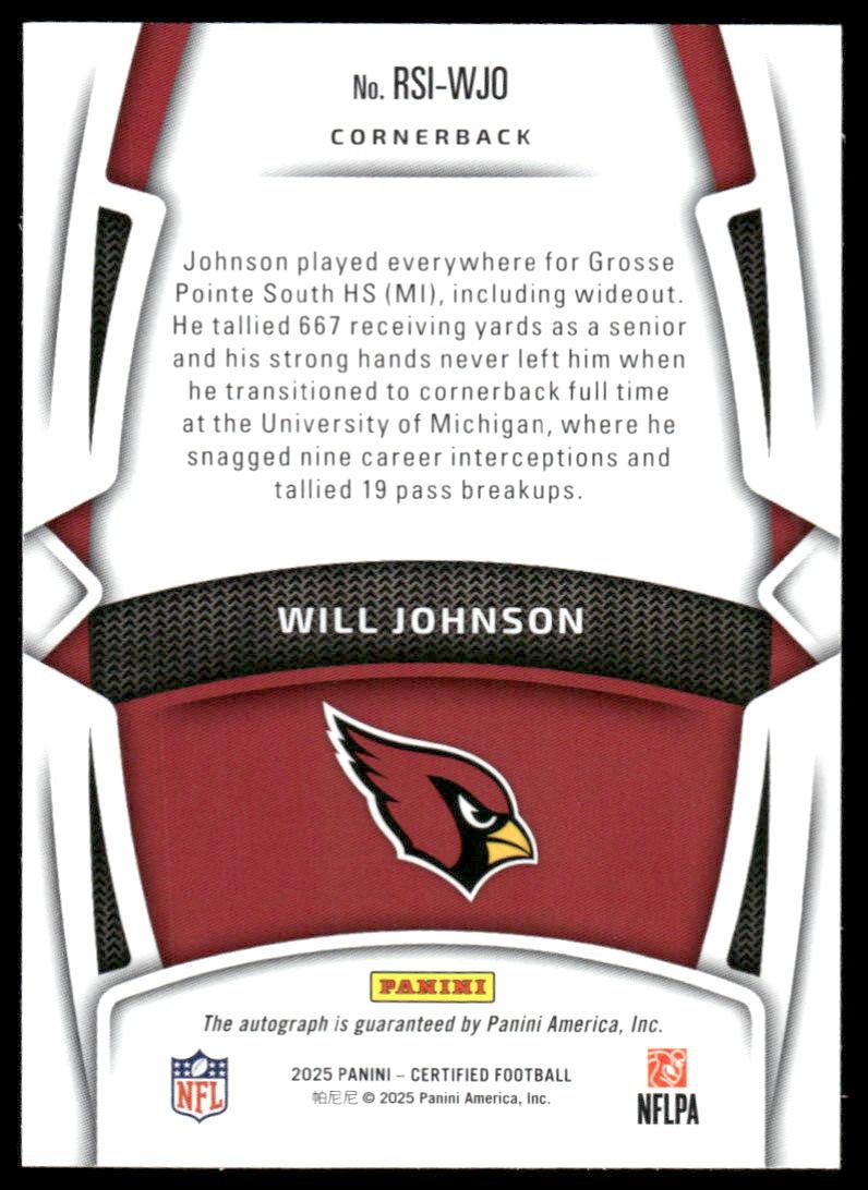2025 Panini Certified #RSI-WJO Will Johnson Rookie Signatures Mirror Blue #/50