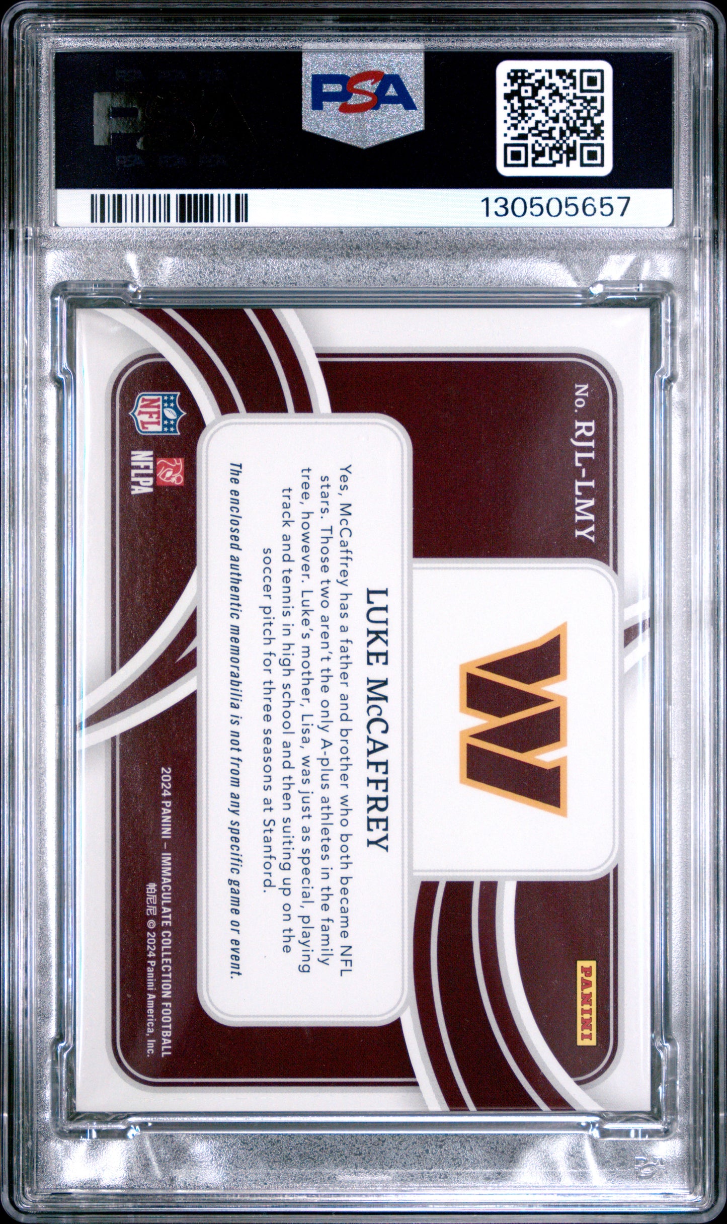 Luke Mccaffrey 2024 Panini Immaculate Collection Rookie Jumbo Logos PSA 10
