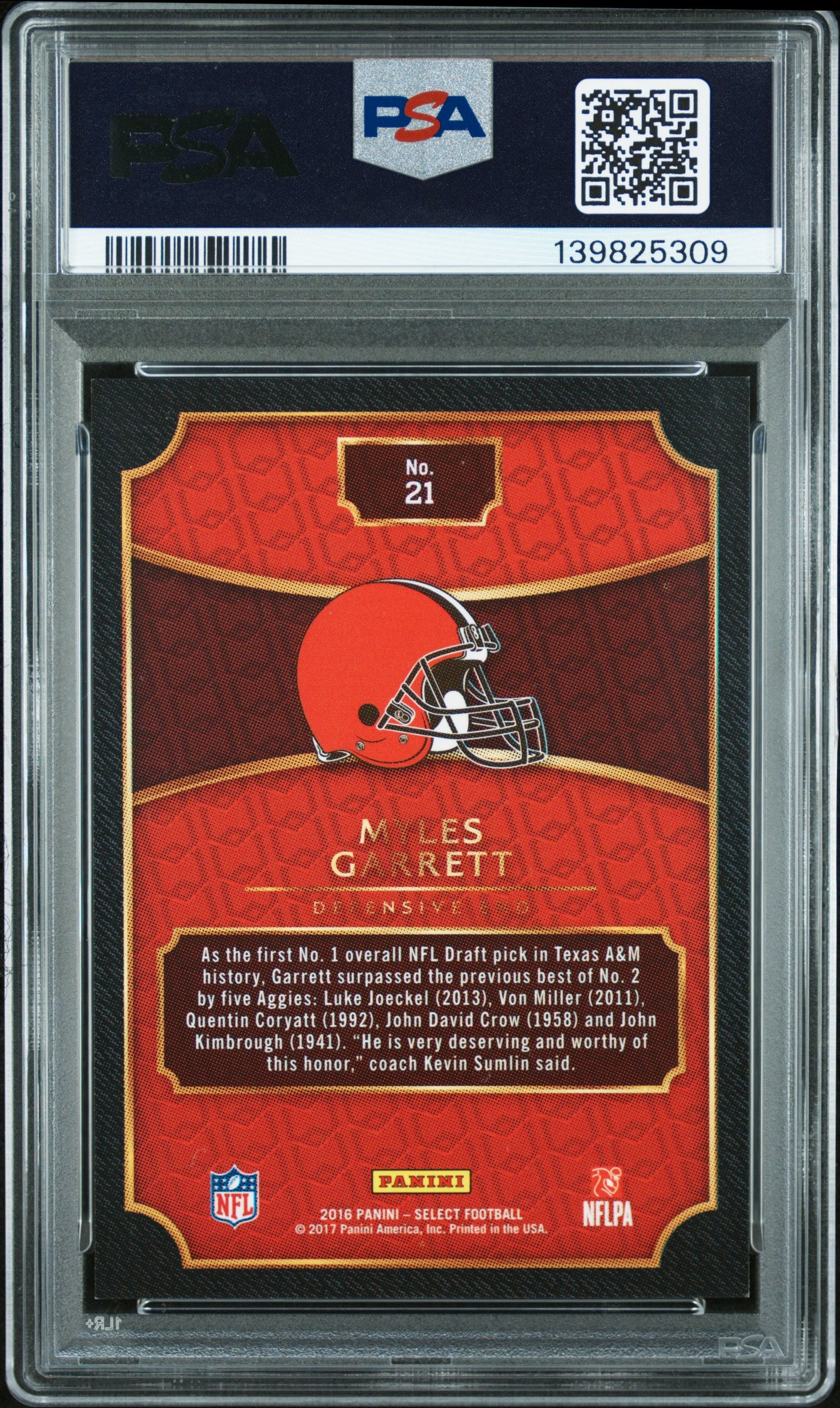 Myles Garrett '17 Nfl Drft.Xrc Pzm.Rdm. PSA 9 2016 Panini Select