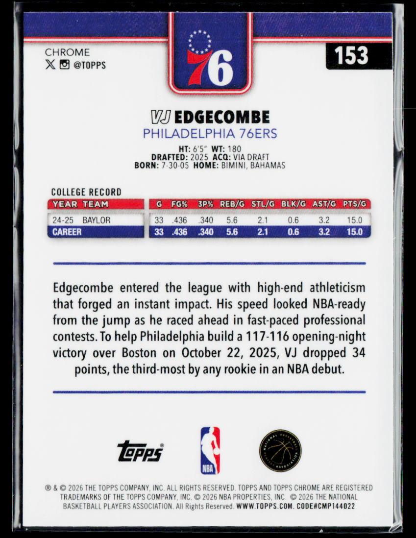 2025-26 Topps Chrome Update #153 VJ Edgecombe