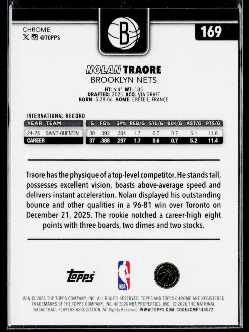 2025-26 Topps Chrome Update #169 Nolan Traore Wave Refractor