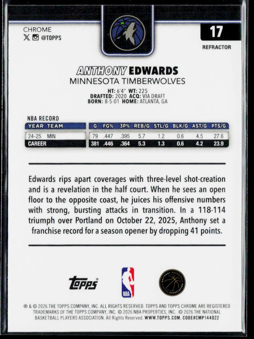 2025-26 Topps Chrome Update #17 Anthony Edwards Refractor