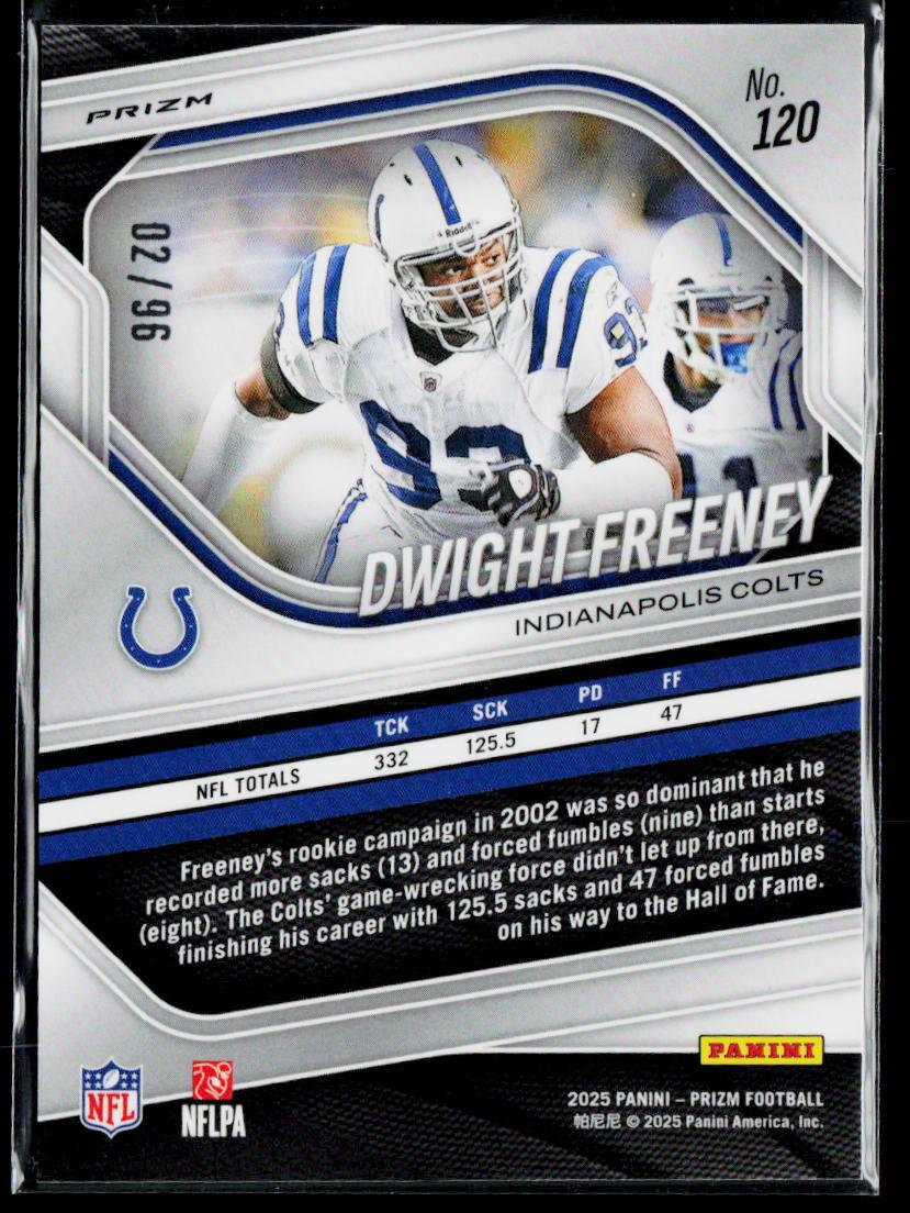 2025 Panini Prizm #120 Dwight Freeney Blue Sparkle #/96