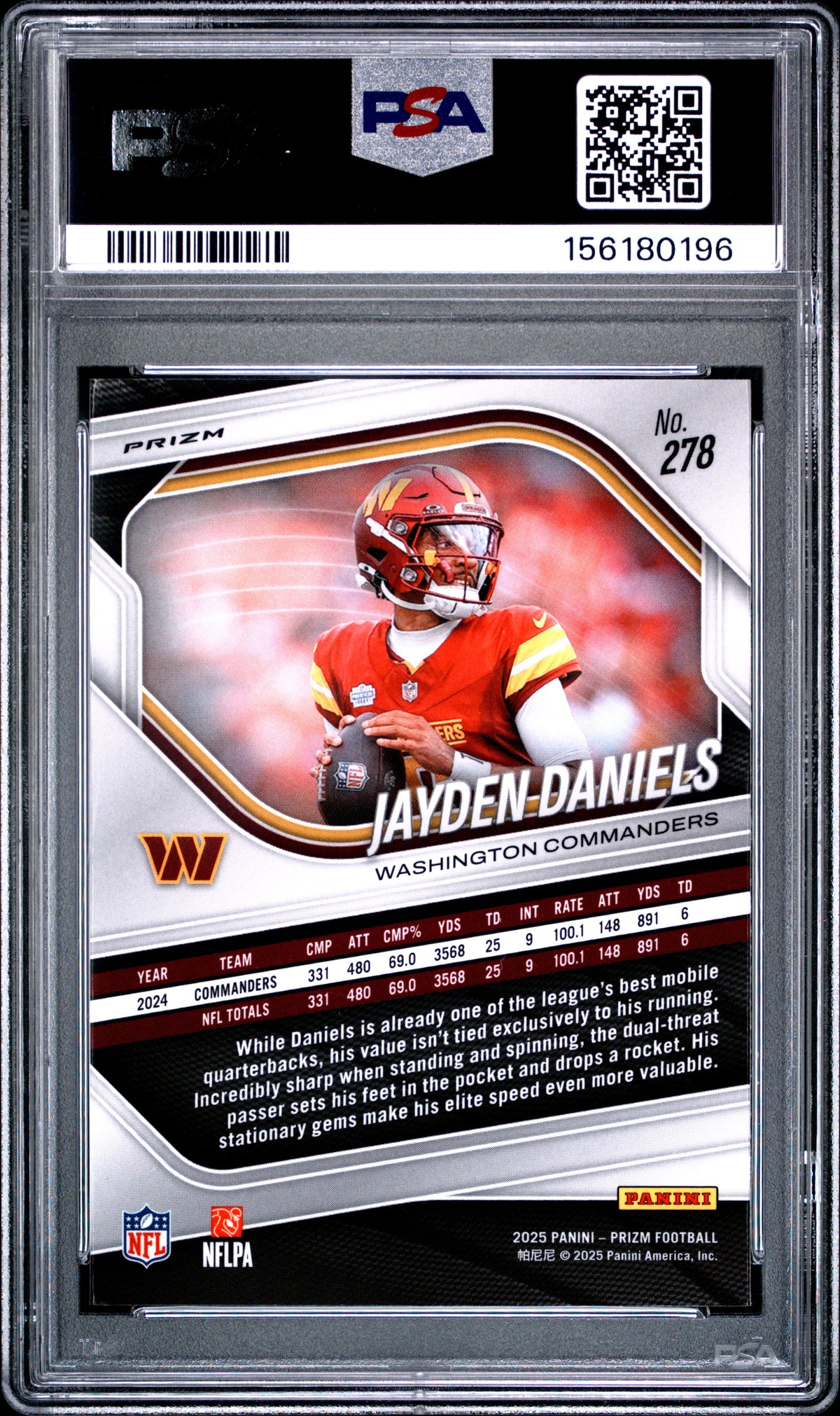 Jayden Daniels Silver Prizm Rookie PSA 10 Gem 2025 Panini Prizm #278