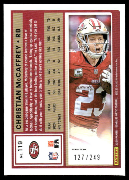 2025 Donruss Optic #119 Christian McCaffrey Blue #/249