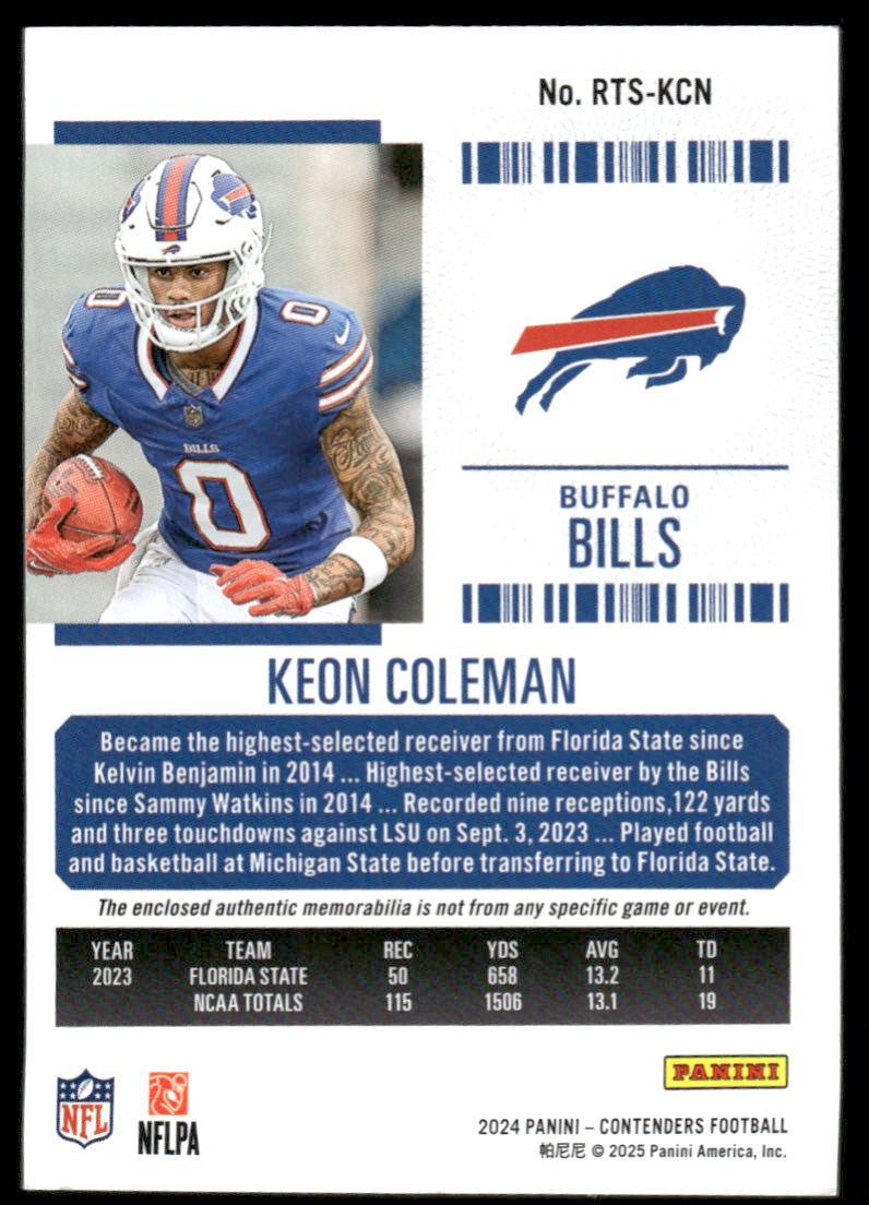 2024 Panini Contenders #RTS-KCN Keon Coleman Rookie Ticket Swatches