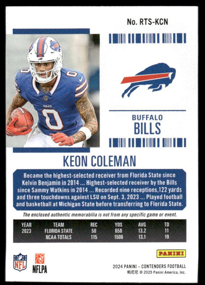 2024 Panini Contenders #RTS-KCN Keon Coleman Rookie Ticket Swatches