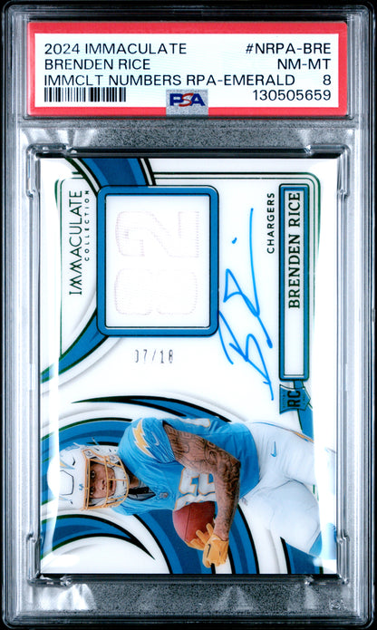 Brenden Rice2024 Panini Immaculate Collection Rookie Patch Autographs PSA 8