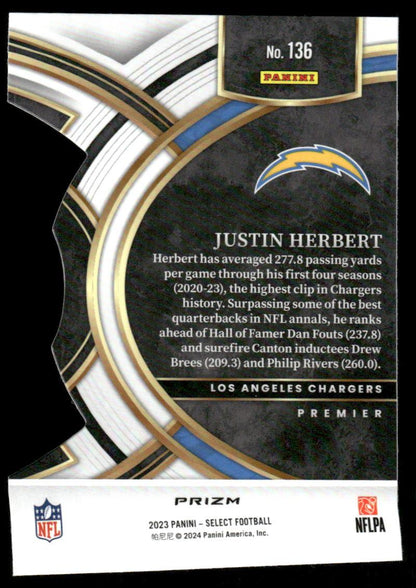2023 Panini Select #136 Justin Herbert Red and Yellow Prizms Die Cuts