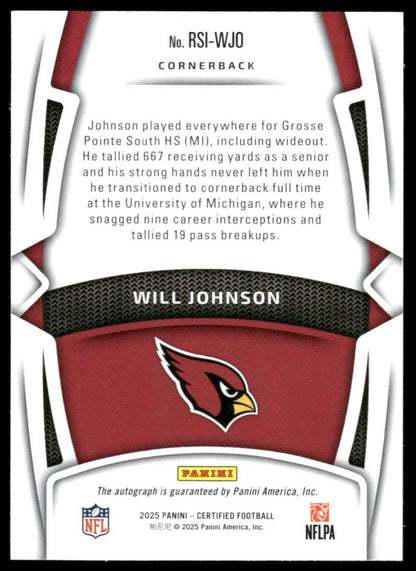 2025 Panini Certified #RSI-WJO Will Johnson Rookie Signatures Mirror Blue #/50