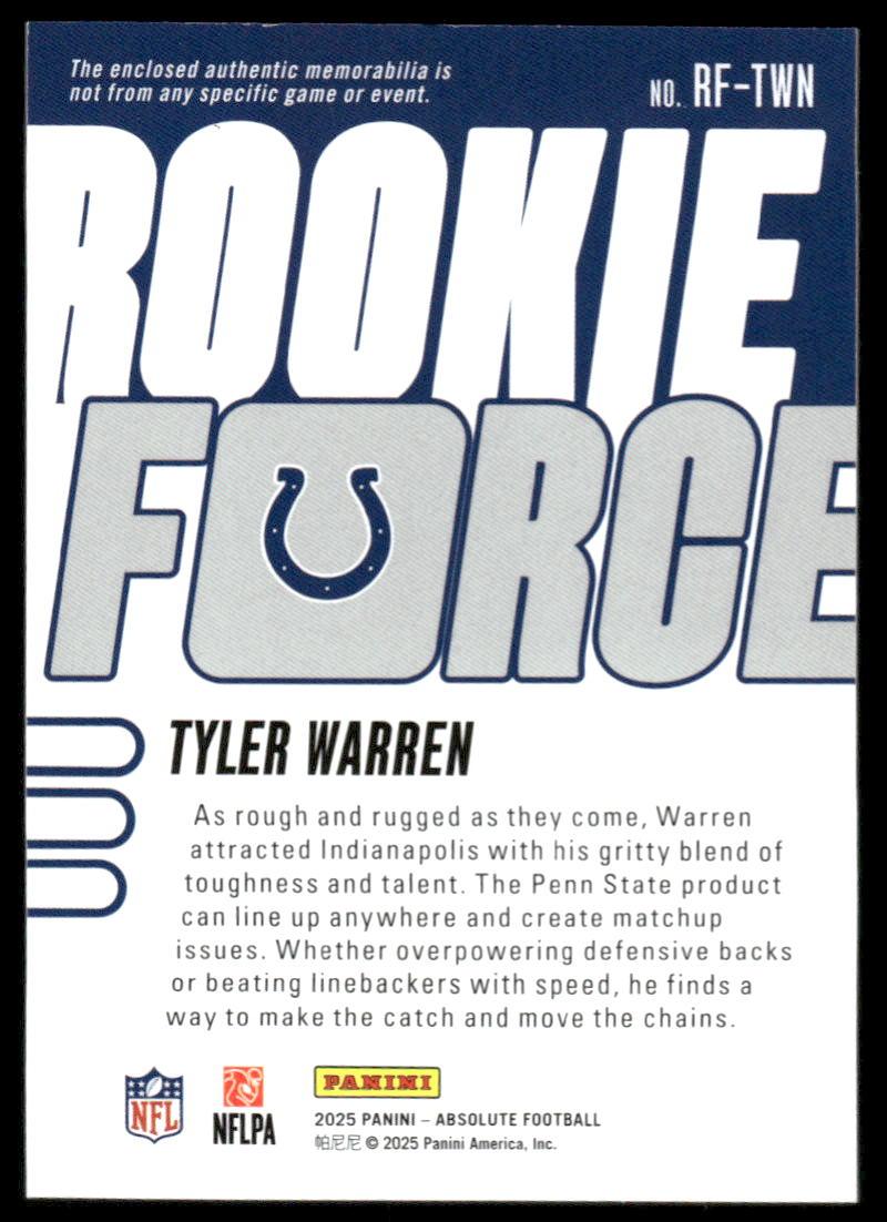 2025 Panini Absolute #RF-TWN Tyler Warren Rookie Force