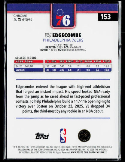 2025-26 Topps Chrome Update #153 VJ Edgecombe