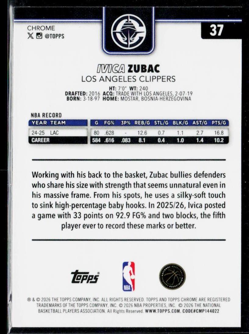 2025-26 Topps Chrome Update #37 Ivica Zubac Refractor