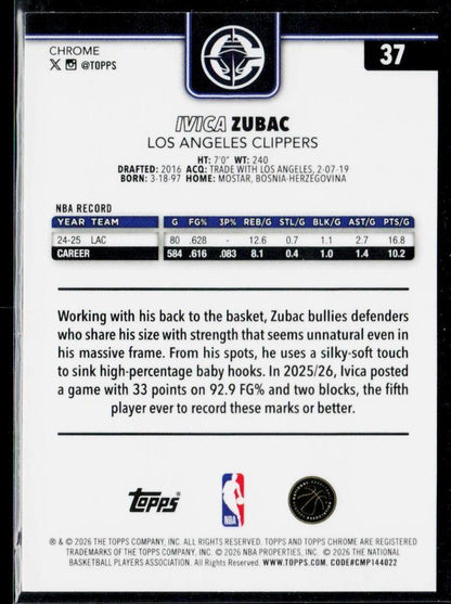 2025-26 Topps Chrome Update #37 Ivica Zubac Refractor