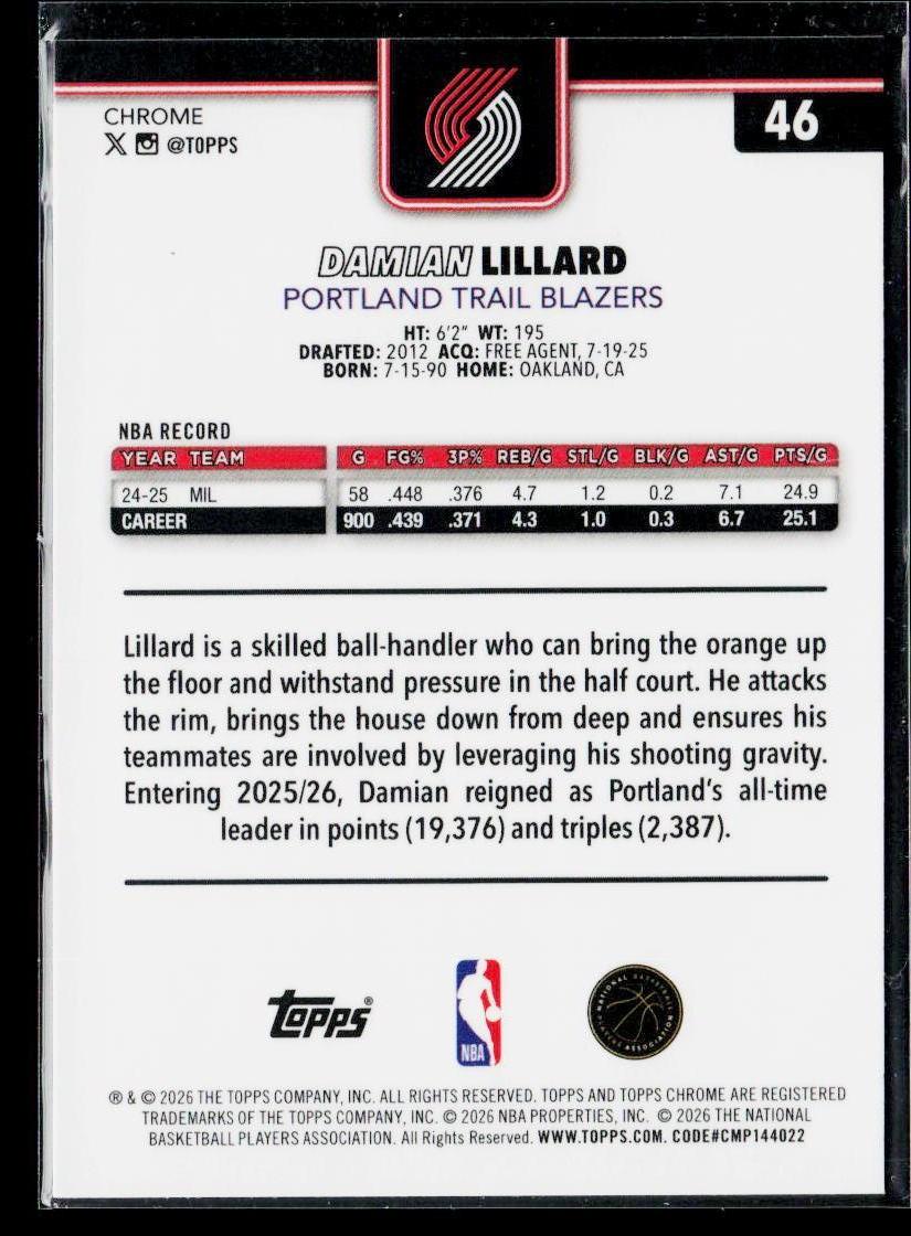 2025-26 Topps Chrome Update #46 Damian Lillard X-Fractor