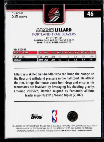 2025-26 Topps Chrome Update #46 Damian Lillard X-Fractor