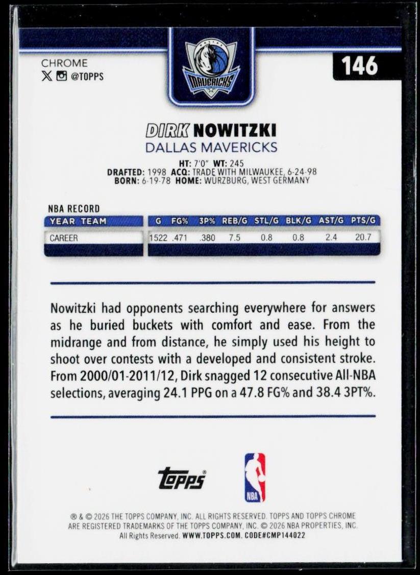 2025-26 Topps Chrome Update #146 Dirk Nowitzki X-Fractor