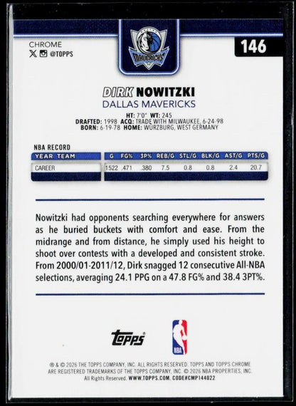 2025-26 Topps Chrome Update #146 Dirk Nowitzki X-Fractor
