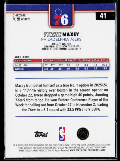 2025-26 Topps Chrome Update #41 Tyrese Maxey RayWave Refractor