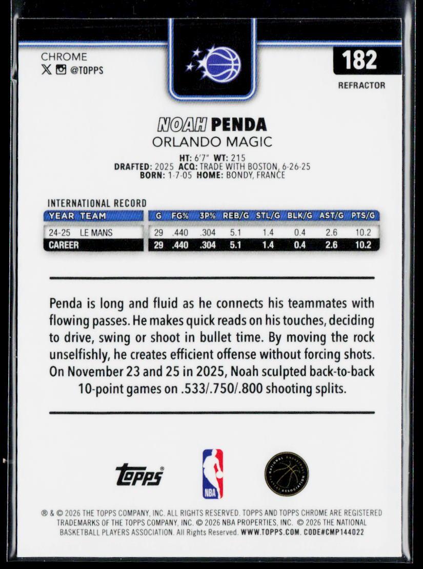 2025-26 Topps Chrome Update #182 Noah Penda Refractor