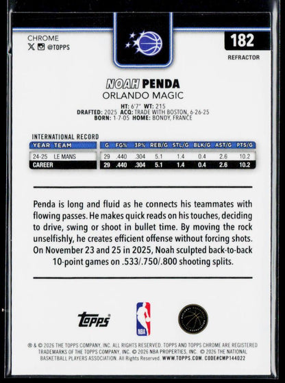 2025-26 Topps Chrome Update #182 Noah Penda Refractor