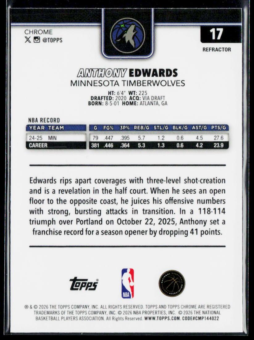 2025-26 Topps Chrome Update #17 Anthony Edwards Refractor