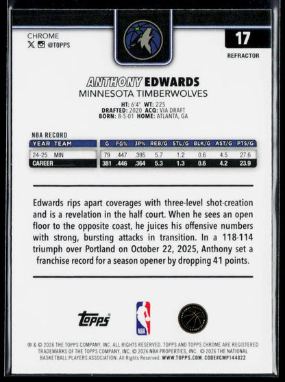 2025-26 Topps Chrome Update #17 Anthony Edwards Refractor