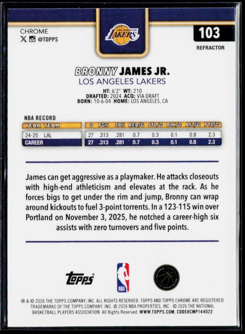 2025-26 Topps Chrome Update #103 Bronny James Jr. Refractor