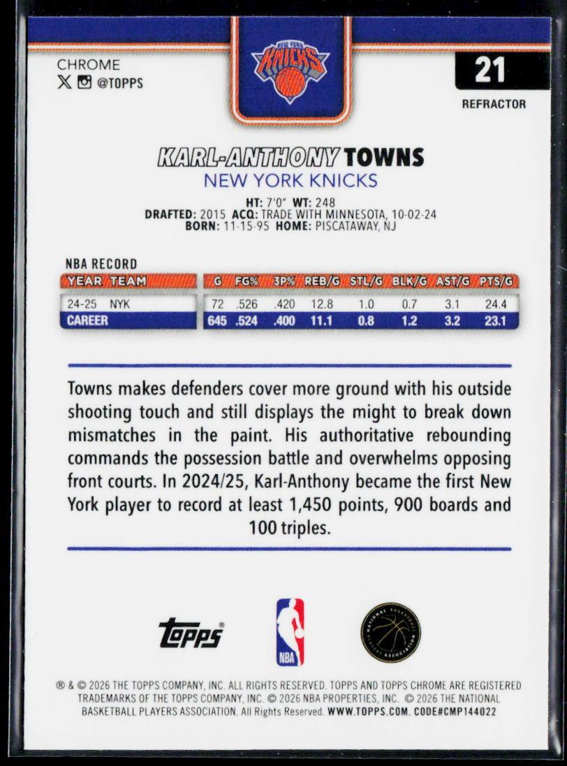 2025-26 Topps Chrome Update #21 Karl-Anthony Towns Refractor