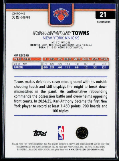2025-26 Topps Chrome Update #21 Karl-Anthony Towns Refractor