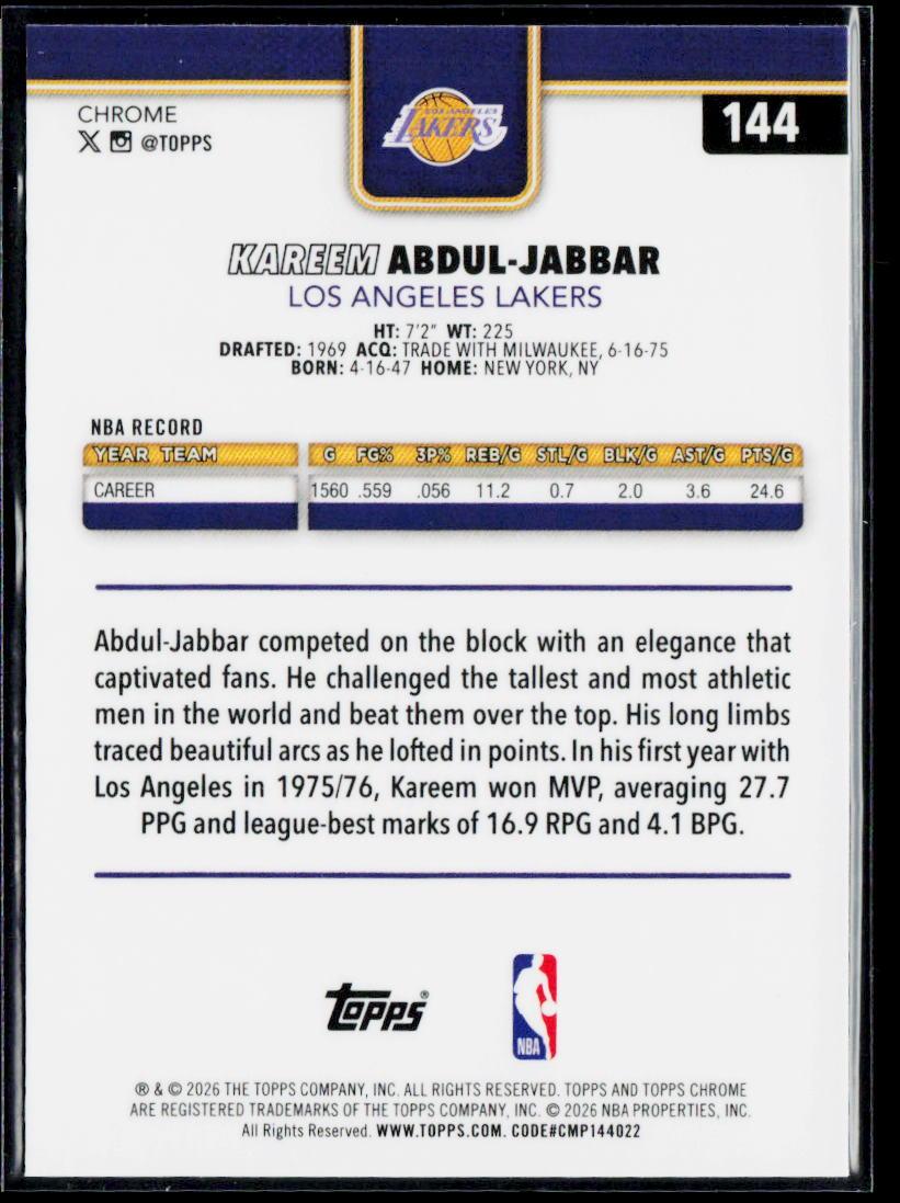 2025-26 Topps Chrome Update #144 Kareem Abdul-Jabbar Refractor