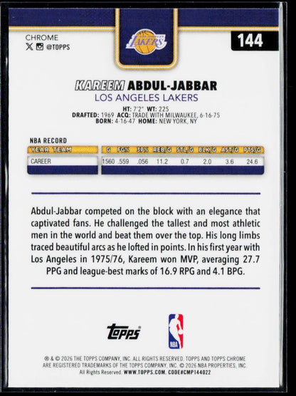 2025-26 Topps Chrome Update #144 Kareem Abdul-Jabbar Refractor