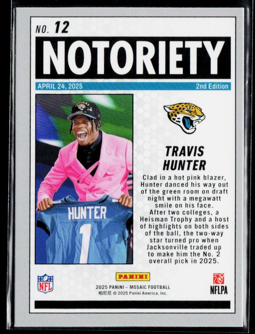 2025 Panini Mosaic #12 Travis Hunter Notoriety Mosaic