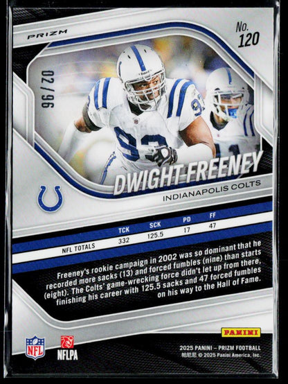 2025 Panini Prizm #120 Dwight Freeney Blue Sparkle #/96
