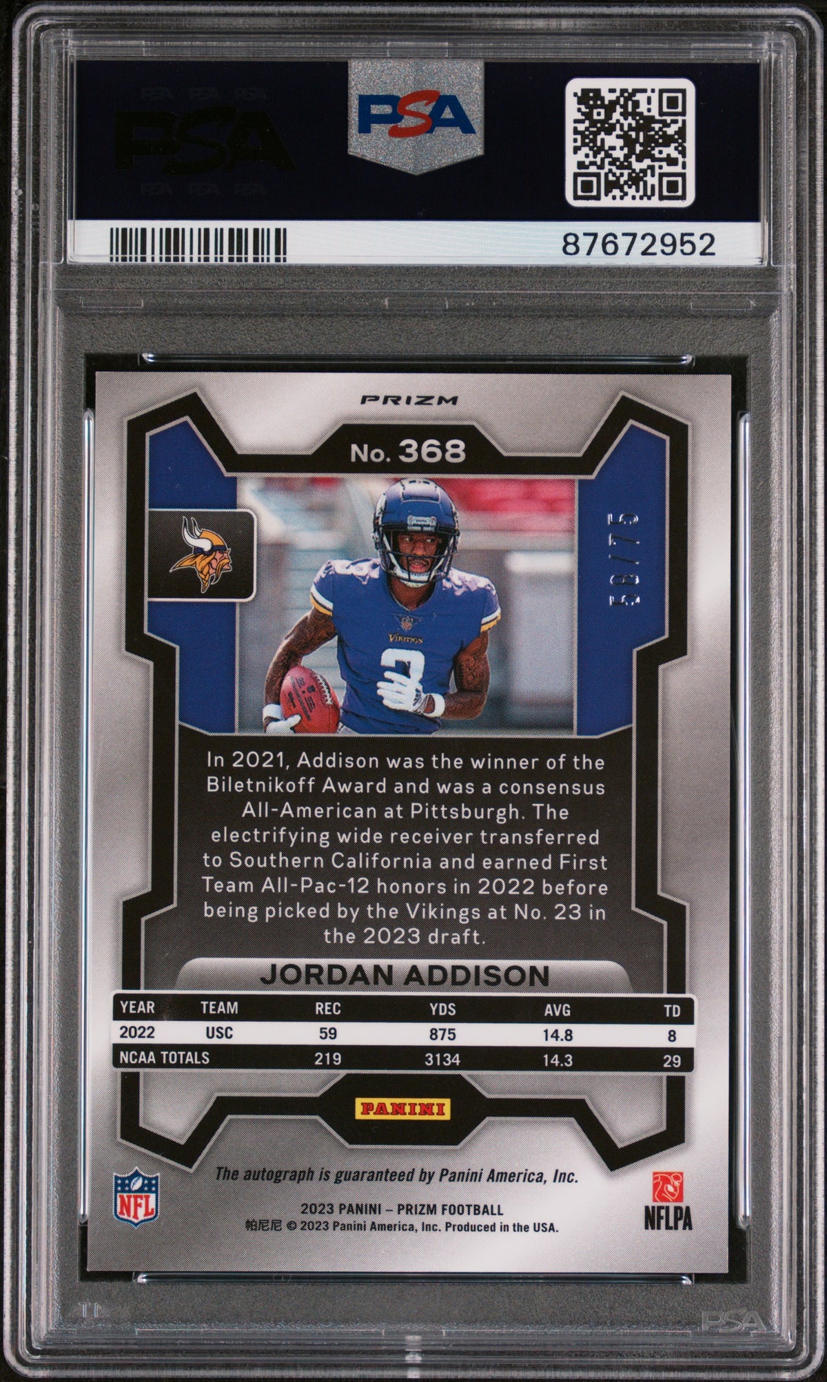 Jordan Addison Autograph-Green Scope PSA 9 2023 Panini Prizm  Low Pop Rookie!