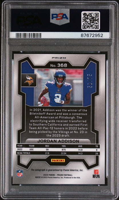 Jordan Addison Autograph-Green Scope PSA 9 2023 Panini Prizm  Low Pop Rookie!