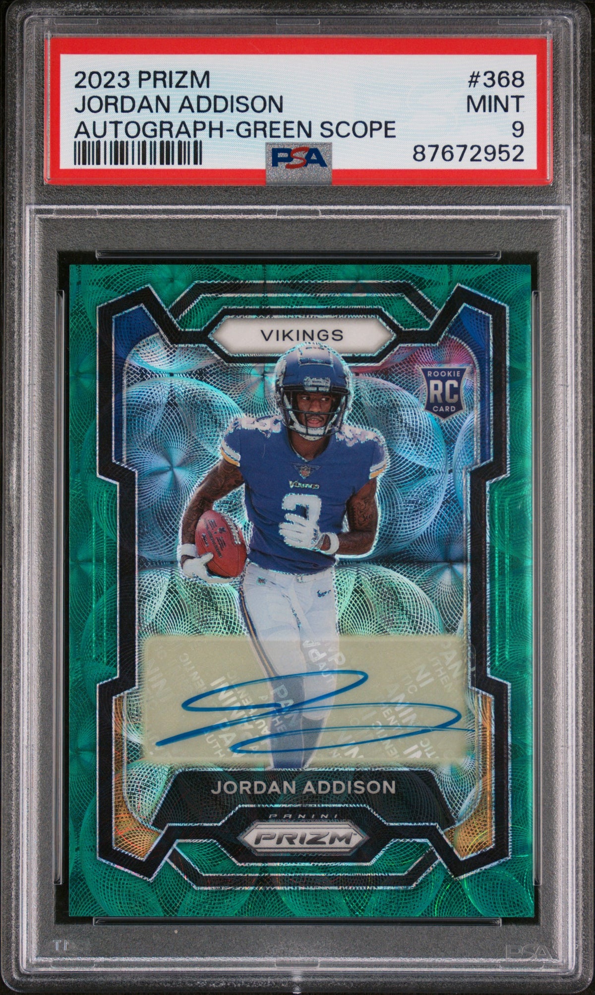 Jordan Addison Autograph-Green Scope PSA 9 2023 Panini Prizm  Low Pop Rookie!