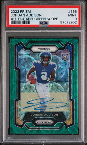 Jordan Addison Autograph-Green Scope PSA 9 2023 Panini Prizm  Low Pop Rookie!