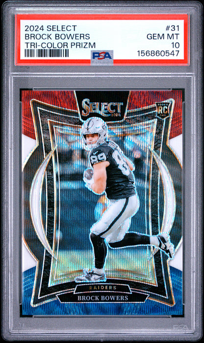 Brock Bowers Tri-Color Prizm PSA 10 GEM 2024 Panini Select Low Pop Rookie!