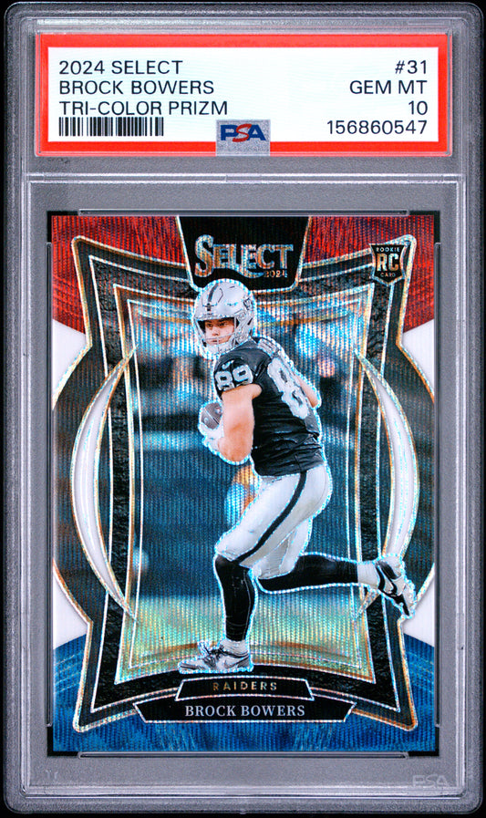 Brock Bowers Tri-Color Prizm PSA 10 GEM 2024 Panini Select Low Pop Rookie!