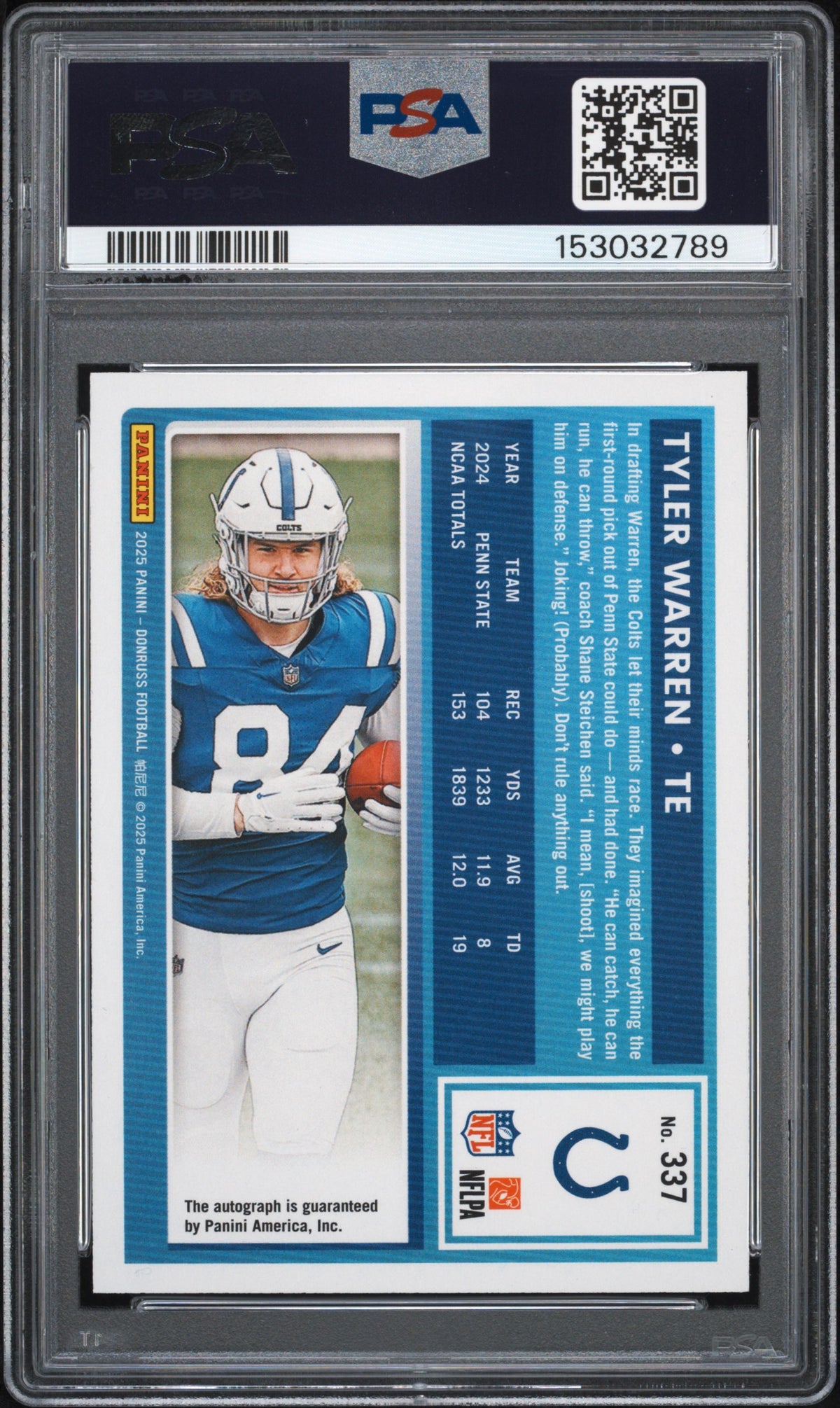 Tyler Warren Autograph-Orange PSA 9 Rookie Rare! 2025 Panini Donruss