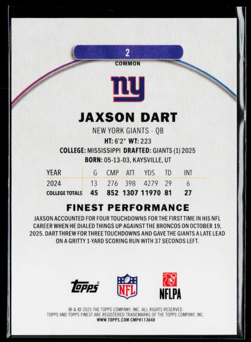 Jaxson Dart Topps Finest Rookie Purple Geometric /150