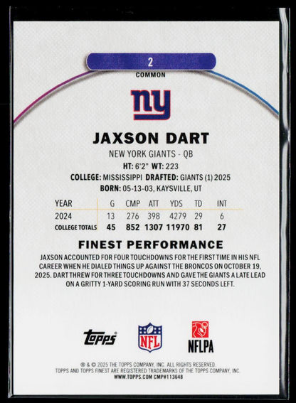 Jaxson Dart Topps Finest Rookie Purple Geometric /150